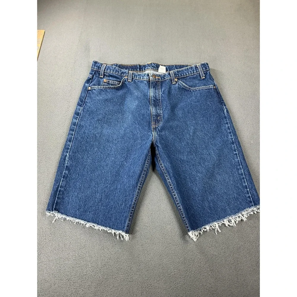 Levis Shorts Mens 40 Blue Dark Wash Denim Bermuda Frayed Hem 12 Inseam